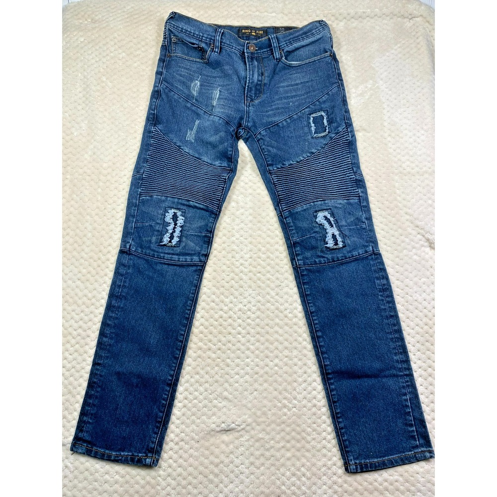 Ring of Fire Mens Slim Fit Moto Jeans Blue Stretch Distressed Skinny 32x29